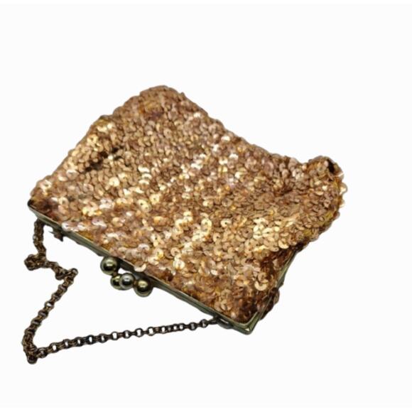 Vintage 1950s-60s Gold Sequin Beaded Handbag Kiss Lock Short Chain Hand Strap - Picture 1 of 7